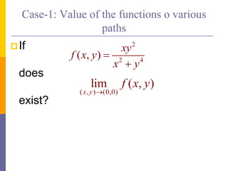 Case-1: Value of the functions o various
paths
If
does
exist?
2
2 4
( , )
xy
f x y
x y


( , ) (0,0)
lim ( , )
x y
f x y

 
