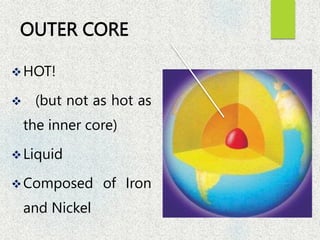 OUTER CORE
HOT!
 (but not as hot as
the inner core)
Liquid
Composed of Iron
and Nickel
 