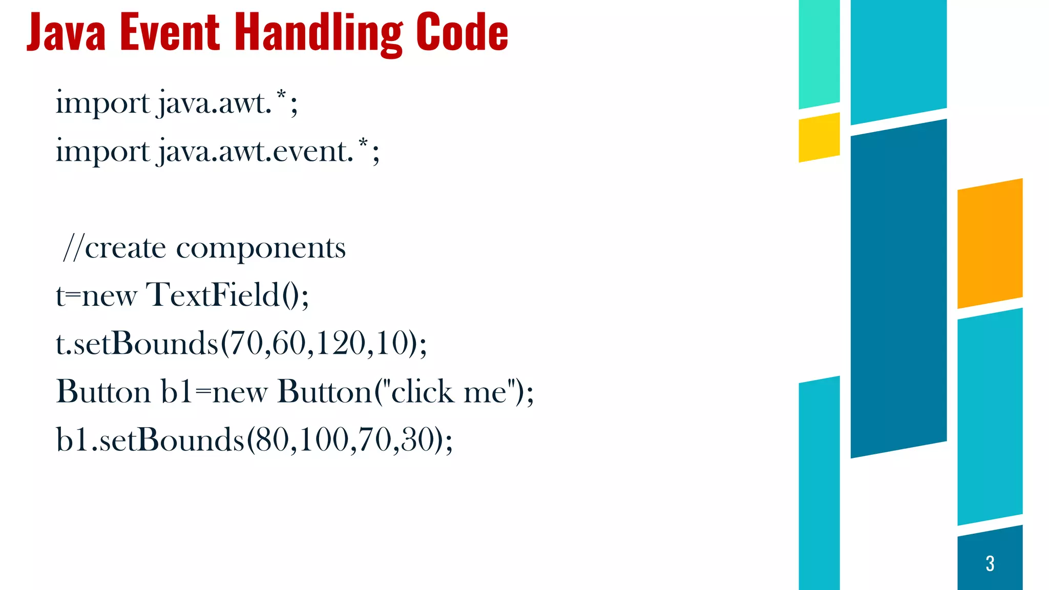 Java Event Handling Code
import java.awt.*;
import java.awt.event.*;
//create components
t=new TextField();
t.setBounds(70,60,120,10);
Button b1=new Button("click me");
b1.setBounds(80,100,70,30);
3