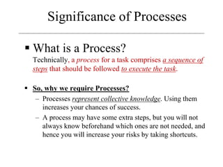 Significance of Processes
 What is a Process?
Technically, a process for a task comprises a sequence of
steps that should be followed to execute the task.
 So, why we require Processes?
– Processes represent collective knowledge. Using them
increases your chances of success.
– A process may have some extra steps, but you will not
always know beforehand which ones are not needed, and
hence you will increase your risks by taking shortcuts.
 
