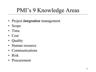 22
PMI’s 9 Knowledge Areas
• Project integration management
• Scope
• Time
• Cost
• Quality
• Human resource
• Communications
• Risk
• Procurement
 