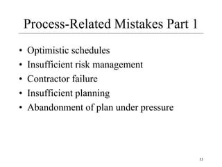53
Process-Related Mistakes Part 1
• Optimistic schedules
• Insufficient risk management
• Contractor failure
• Insufficient planning
• Abandonment of plan under pressure
 