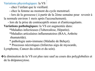 Variations physiologiques: la VS
- chez l’enfant que le vieillard.
- chez la femme au moment du cycle menstruel.
- lors de...