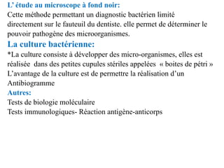 L’ étude au microscope à fond noir:
Cette méthode permettant un diagnostic bactérien limité
directement sur le fauteuil du...