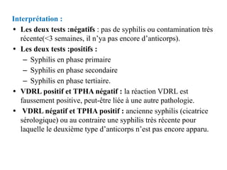 Interprétation :
• Les deux tests :négatifs : pas de syphilis ou contamination très
récente(˂3 semaines, il n’ya pas encor...