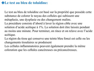❖Le test au bleu de toluidine:
Le test au bleu de toluidine est basé sur la propriété que possède cette
substance de color...