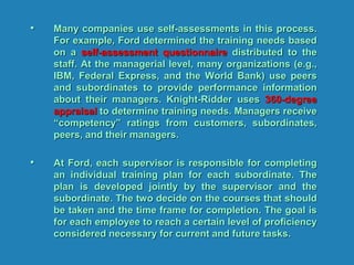 • Many companies use self-assessments in this process.
For example, Ford determined the training needs based
on a self-assessment questionnaire distributed to the
staff. At the managerial level, many organizations (e.g.,
IBM, Federal Express, and the World Bank) use peers
and subordinates to provide performance information
about their managers. Knight-Ridder uses 360-degree
appraisal to determine training needs. Managers receive
“competency” ratings from customers, subordinates,
peers, and their managers.
• At Ford, each supervisor is responsible for completing
an individual training plan for each subordinate. The
plan is developed jointly by the supervisor and the
subordinate. The two decide on the courses that should
be taken and the time frame for completion. The goal is
for each employee to reach a certain level of proficiency
considered necessary for current and future tasks.
 