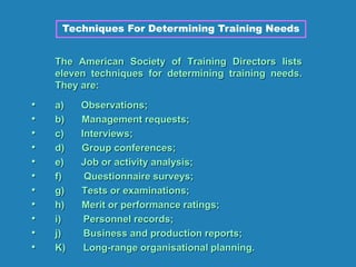The American Society of Training Directors lists
eleven techniques for determining training needs.
They are:
• a) Observations;
• b) Management requests;
• c) Interviews;
• d) Group conferences;
• e) Job or activity analysis;
• f) Questionnaire surveys;
• g) Tests or examinations;
• h) Merit or performance ratings;
• i) Personnel records;
• j) Business and production reports;
• K) Long-range organisational planning.
Techniques For Determining Training Needs
 