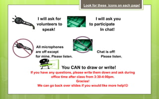 Look for these icons on each page!



    I will ask for                      I will ask you
   volunteers to                    to participate
       speak!                              In chat!



   All microphones
   are off except                       Chat is off!
   for mine. Please listen.                Please listen.


                   You CAN to draw or write!
If you have any questions, please write them down and ask during
             office time after class from 3:30-4:00pm.
                              Gracias!
     We can go back over slides if you would like more help!
 