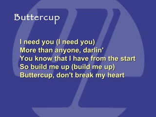 I need you (I need you) More than anyone, darlin'  You know that I have from the start  So build me up (build me up) Buttercup, don't break my heart Buttercup 