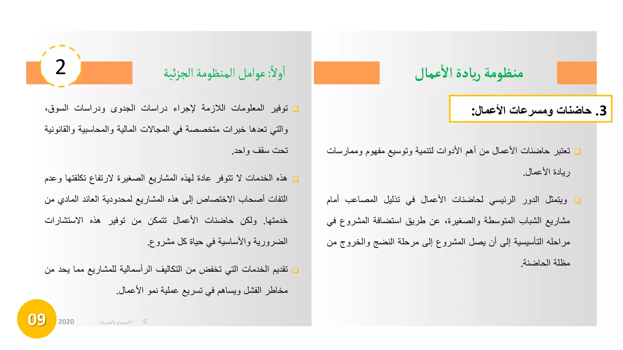 ‫عمال‬
‫أ‬
‫ال‬‫يادة‬‫ر‬ ‫منظومة‬
2
09 ©
‫الشميمري‬
‫والمبيريك‬
2020
‫ا‬‫ول‬
‫أ‬
‫ا‬
:
‫ئية‬‫ز‬‫الج‬‫المنظومة‬ ‫عوامل‬

‫تعتبر‬
‫حاضنات‬
‫األعمال‬
‫من‬
‫أه‬
‫م‬
‫األدوات‬
‫لتنمية‬
‫وتوسيع‬
‫مفهوم‬
‫وممار‬
‫سات‬
‫ريادة‬
‫األعمال‬
.

‫ويتمثل‬
‫الدور‬
‫الرئيسي‬
‫لحاضنات‬
‫األعمال‬
‫في‬
‫تذليل‬
‫المصاعب‬
‫أم‬
‫ام‬
‫مشاريع‬
‫الشباب‬
‫المتوسطة‬
،‫والصغيرة‬
‫عن‬
‫طريق‬
‫استضافة‬
‫المشر‬
‫وع‬
‫في‬
‫مراحله‬
‫التأسيسية‬
‫إلى‬
‫أن‬
‫يصل‬
‫المشروع‬
‫إلى‬
‫مرحلة‬
‫النضج‬
‫والخرو‬
‫ج‬
‫من‬
‫مظلة‬
‫الحاضنة‬
.

‫توفير‬
‫المعلومات‬
‫الالزمة‬
‫إلجراء‬
‫دراسات‬
‫الجدوى‬
‫ودراسات‬
،‫السوق‬
‫والتي‬
‫تعدها‬
‫خبرات‬
‫متخصصة‬
‫في‬
‫المجاالت‬
‫المالية‬
‫والمحاسبية‬
‫وا‬
‫لقانونية‬
‫تحت‬
‫سقف‬
‫واحد‬
.

‫هذه‬
‫الخدمات‬
‫ال‬
‫تتوفر‬
‫عادة‬
‫لهذه‬
‫المشاريع‬
‫الصغيرة‬
‫الرتفاع‬
‫تكلف‬
‫تها‬
‫وعدم‬
‫التفات‬
‫أصحاب‬
‫االختصاص‬
‫إلى‬
‫هذه‬
‫المشاريع‬
‫لمحدودية‬
‫العائد‬
‫المادي‬
‫من‬
‫خدمتها‬
.
‫ولكن‬
‫حاضنات‬
‫األعمال‬
‫تتمكن‬
‫من‬
‫توفير‬
‫هذه‬
‫االستشارات‬
‫الضرورية‬
‫واألساسية‬
‫في‬
‫حياة‬
‫كل‬
‫مشروع‬
.

‫تقديم‬
‫الخدمات‬
‫التي‬
‫تخفض‬
‫من‬
‫التكاليف‬
‫الرأسمالية‬
‫للمشاريع‬
‫م‬
‫ما‬
‫يحد‬
‫من‬
‫مخاطر‬
‫الفشل‬
‫ويساهم‬
‫في‬
‫تسريع‬
‫عملية‬
‫نمو‬
‫األعمال‬
.
3
.
‫حاضنات‬
‫ومسرعات‬
‫األعمال‬
:
 