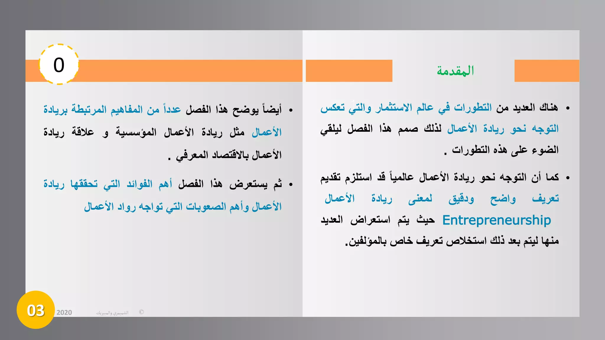 •
ً
‫أيضا‬
‫يوضح‬
‫هذا‬
‫الفصل‬
ً
‫عددا‬
‫من‬
‫المفاهيم‬
‫المرتبطة‬
‫بريادة‬
‫األعمال‬
‫مثل‬
‫ريادة‬
‫األعمال‬
‫المؤسسية‬
‫و‬
‫عالقة‬
‫ريادة‬
‫األعمال‬
‫باالقتصاد‬
‫المعرفي‬
.
•
‫ثم‬
‫يستعرض‬
‫هذا‬
‫الفصل‬
‫أهم‬
‫الفوائد‬
‫التي‬
‫تحققها‬
‫ري‬
‫ادة‬
‫األعمال‬
‫وأهم‬
‫الصعوبات‬
‫التي‬
‫تواجه‬
‫رواد‬
‫األعمال‬
‫المقدمة‬
•
‫هناك‬
‫العديد‬
‫من‬
‫التطورات‬
‫في‬
‫عالم‬
‫االستثمار‬
‫والتي‬
‫ت‬
‫عكس‬
‫التوجه‬
‫نحو‬
‫ريادة‬
‫األعمال‬
‫لذلك‬
‫صمم‬
‫هذا‬
‫الفصل‬
‫ليلقي‬
‫الضوء‬
‫على‬
‫هذه‬
‫التطورات‬
.
•
‫كما‬
‫أن‬
‫التوجه‬
‫نحو‬
‫ريادة‬
‫األعمال‬
ً
‫عالميا‬
‫قد‬
‫استلزم‬
‫ت‬
‫قديم‬
‫تعريف‬
‫واضح‬
‫ودقيق‬
‫لمعنى‬
‫ريادة‬
‫األعمال‬
Entrepreneurship
‫حيث‬
‫يتم‬
‫استعراض‬
‫العديد‬
‫منها‬
‫ليتم‬
‫بعد‬
‫ذلك‬
‫استخالص‬
‫تعريف‬
‫خاص‬
‫بالمؤلفي‬
‫ن‬
.
0
03 ©
‫الشميمري‬
‫والمبيريك‬
2020
 