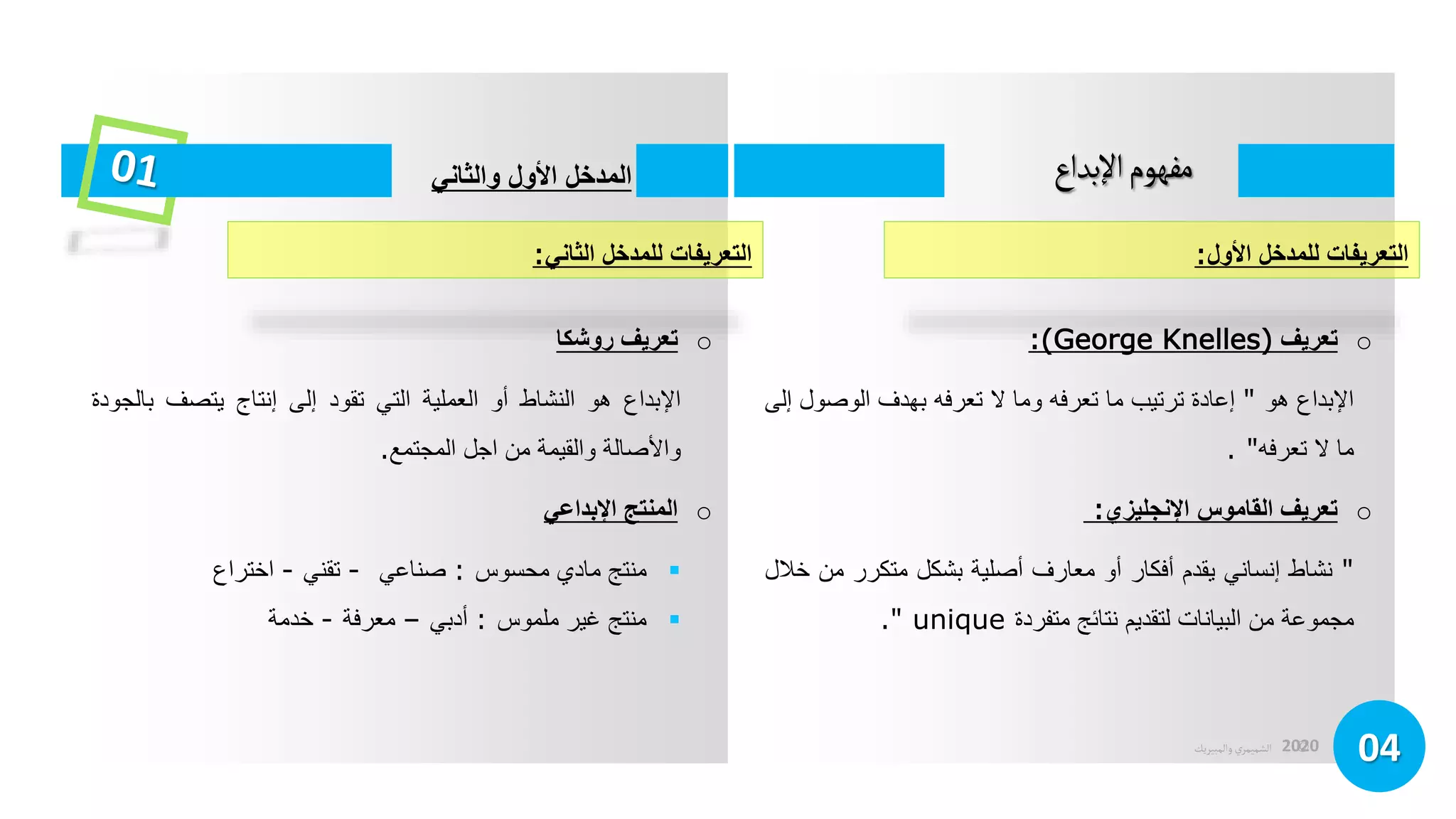 ©
‫الشميمري‬
‫والمبيريك‬ 2020
04
‫اإلبداع‬‫مفهوم‬
‫التعريفاتًللمدخلًاألول‬
:
‫اإلبداع‬
‫هو‬
"
‫إعادة‬
‫ترتيب‬
‫ما‬
‫تعرفه‬
‫وما‬
‫ال‬
‫تعرفه‬
‫بهدف‬
‫الوص‬
‫ول‬
‫إلى‬
‫ما‬
‫ال‬
‫تعرفه‬
"
.
o
ً‫تعريف‬
(
George Knelles
:)
‫المدخلًاألولًوالثاني‬
"
‫نشاط‬
‫إنساني‬
‫يقدم‬
‫أفكار‬
‫أو‬
‫معارف‬
‫أصلية‬
‫بشكل‬
‫متكرر‬
‫م‬
‫ن‬
‫خالل‬
‫مجموعة‬
‫من‬
‫البيانات‬
‫لتقديم‬
‫نتائج‬
‫متفردة‬
unique
"
.
o
‫تعريفًالقاموسًاإلنجليزي‬
:
‫التعريفاتًللمدخلًالثاني‬
:
‫اإلبداع‬
‫هو‬
‫النشاط‬
‫أو‬
‫العملية‬
‫التي‬
‫تقود‬
‫إلى‬
‫إنتاج‬
‫يتصف‬
‫ب‬
‫الجودة‬
‫واألصالة‬
‫والقيمة‬
‫من‬
‫اجل‬
‫المجتمع‬
.
o
ً‫تعريف‬
‫روشكا‬

‫منتج‬
‫مادي‬
‫محسوس‬
:
‫صناعي‬
-
‫تقني‬
-
‫اختراع‬

‫منتج‬
‫غير‬
‫ملموس‬
:
‫أدبي‬
–
‫معرفة‬
-
‫خدمة‬
o
‫المنتجًاإلبداعي‬
 
