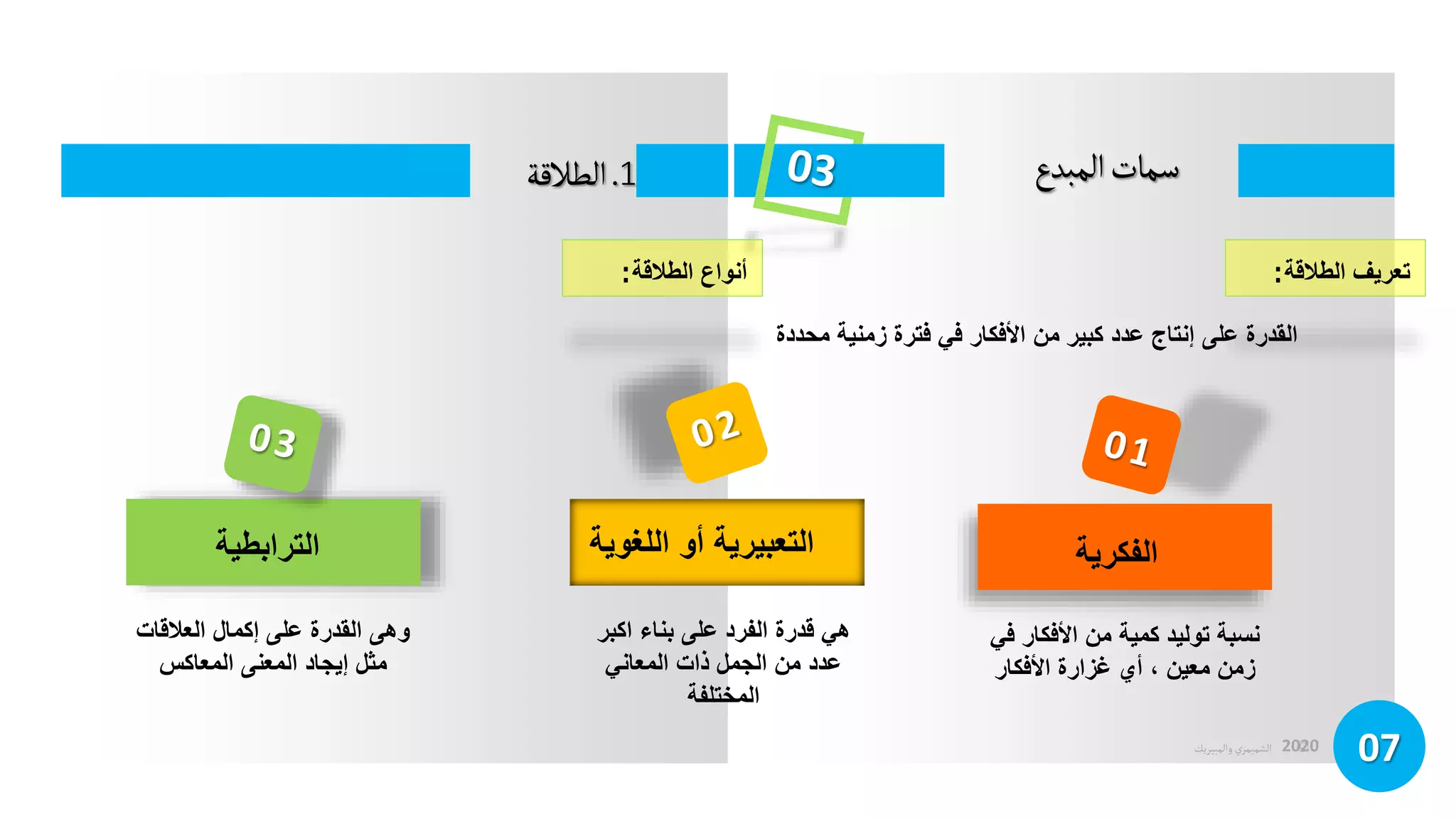 ©
‫الشميمري‬
‫والمبيريك‬ 2020
07
‫المبدع‬‫سمات‬
‫تعريف‬
‫الطالقة‬
:
1
.
‫الطالقة‬
‫القدرةًعلىًإنتاجًعددًكبيرًمنًاألفكارًفيًفترةًزمنيةًمحددة‬
‫هيًقدرةًالفردًعلىًبناءًاكبر‬
ً‫عددًمنًالجملًذاتًالمعاني‬
‫المختلفة‬
‫التعبيريةًأوًاللغوية‬
‫نسبةًتوليدًكميةًمنًاألفكار‬
ً‫في‬
ً‫ًأيًغزارةًاألفكار‬،ً‫زمنًمعين‬
‫الفكرية‬
‫وهىًالقدرةًعلىًإكمالًالعالقات‬
ً‫مثلًإيجادًالمعنىًالمعاكس‬
‫الترابطية‬
‫أنواع‬
‫الطالقة‬
:
 
