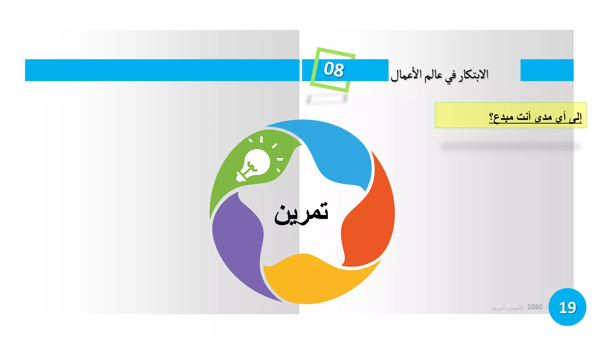 ©
‫الشميمري‬
‫والمبيريك‬ 2020
19
‫عمال‬
‫أ‬
‫ال‬‫عالم‬‫في‬‫البتكار‬
‫إلىًأيًمدىًأنتًمبدع؟‬
‫تمرين‬
 