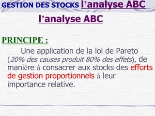 l’analyse ABC
PRINCIPE :
Une application de la loi de Pareto
(20% des causes produit 80% des effets), de
manière à consacr...