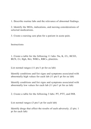 1. Describe routine labs and the relevance of abnormal findings.
2. Identify the MOA, indications, and nursing considerations of
selected medications.
3. Create a nursing care plan for a patient in acute pain.
Instructions
1. Create a table for the following 11 labs: Na, K, CL, HCO3,
BUN, Cr; Hgb, Hct, WBCs, RBCs, platelets.
List normal ranges (11 pts/1 pt for ea lab)
Identify conditions and list signs and symptoms associated with
abnormally high values for each lab (11 pts/1 pt for ea lab)
Identify conditions and list signs and symptoms associated with
abnormally low values for each lab (11 pts/1 pt for ea lab)
2. Create a table for the following 3 labs: PT, PTT, and INR.
List normal ranges (3 pts/1 pt for each lab)
Identify drugs that affect the results of each adversely. (3 pts; 1
pt for each lab)
 