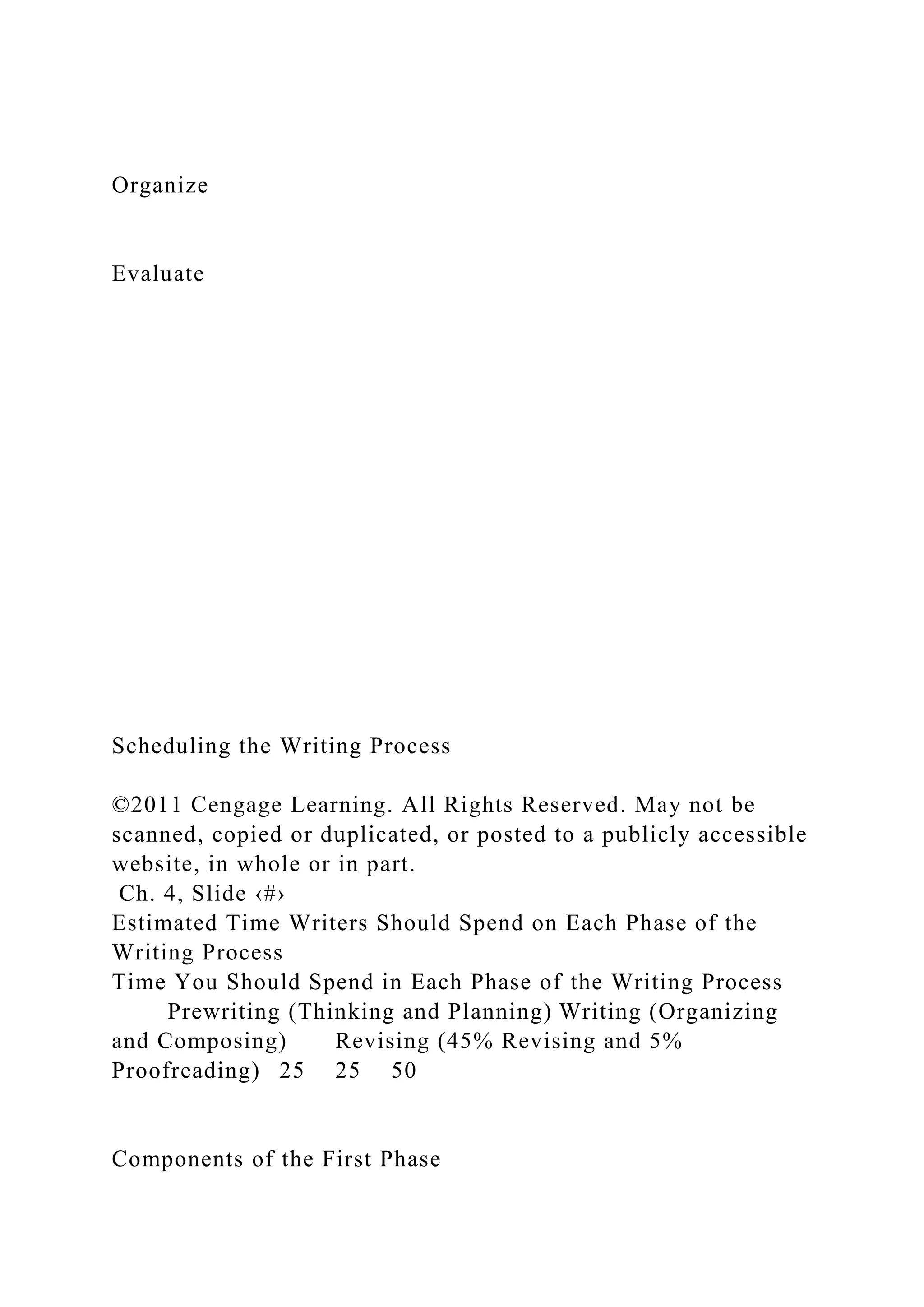 Organize
Evaluate
Scheduling the Writing Process
©2011 Cengage Learning. All Rights Reserved. May not be
scanned, copied or duplicated, or posted to a publicly accessible
website, in whole or in part.
Ch. 4, Slide ‹#›
Estimated Time Writers Should Spend on Each Phase of the
Writing Process
Time You Should Spend in Each Phase of the Writing Process
Prewriting (Thinking and Planning) Writing (Organizing
and Composing) Revising (45% Revising and 5%
Proofreading) 25 25 50
Components of the First Phase
 