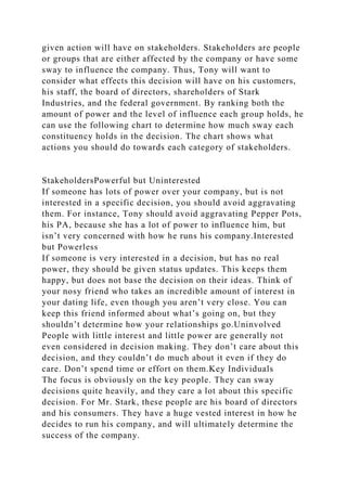 given action will have on stakeholders. Stakeholders are people
or groups that are either affected by the company or have some
sway to influence the company. Thus, Tony will want to
consider what effects this decision will have on his customers,
his staff, the board of directors, shareholders of Stark
Industries, and the federal government. By ranking both the
amount of power and the level of influence each group holds, he
can use the following chart to determine how much sway each
constituency holds in the decision. The chart shows what
actions you should do towards each category of stakeholders.
StakeholdersPowerful but Uninterested
If someone has lots of power over your company, but is not
interested in a specific decision, you should avoid aggravating
them. For instance, Tony should avoid aggravating Pepper Pots,
his PA, because she has a lot of power to influence him, but
isn’t very concerned with how he runs his company.Interested
but Powerless
If someone is very interested in a decision, but has no real
power, they should be given status updates. This keeps them
happy, but does not base the decision on their ideas. Think of
your nosy friend who takes an incredible amount of interest in
your dating life, even though you aren’t very close. You can
keep this friend informed about what’s going on, but they
shouldn’t determine how your relationships go.Uninvolved
People with little interest and little power are generally not
even considered in decision making. They don’t care about this
decision, and they couldn’t do much about it even if they do
care. Don’t spend time or effort on them.Key Individuals
The focus is obviously on the key people. They can sway
decisions quite heavily, and they care a lot about this specific
decision. For Mr. Stark, these people are his board of directors
and his consumers. They have a huge vested interest in how he
decides to run his company, and will ultimately determine the
success of the company.
 