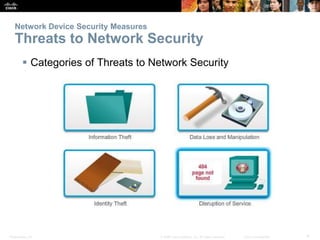 Presentation_ID 4
© 2008 Cisco Systems, Inc. All rights reserved. Cisco Confidential
Network Device Security Measures
Threats to Network Security
 Categories of Threats to Network Security
 