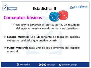 Estadística II
Conceptos básicos
✓ Un evento conjunto es, por su parte, un resultado
del espacio muestral con dos o más características.
➢ Espacio muestral (Ω o S): conjunto de todos los posibles
eventos o resultados que puedan ocurrir.
➢ Punto muestral: cada uno de los elementos del espacio
muestral.
 