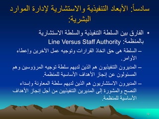 16
‫ا‬‫ا‬‫سادس‬
:
‫الموارد‬ ‫إلدارة‬ ‫واالستشارية‬ ‫التنفيذية‬ ‫األبعاد‬
‫البشرية‬
:
•
‫االستشاري‬ ‫والسلطة‬ ‫التنفيذية‬ ‫السلطة‬ ‫بين‬ ‫الفارق‬
‫ة‬
‫بالمنظمة‬
:
Line Versus Staff Authority
–
‫وإعطاء‬ ‫اآلخرين‬ ‫عمل‬ ‫وتوجيه‬ ‫القرارات‬ ‫اتخاذ‬ ‫حق‬ ‫هى‬ ‫السلطة‬
‫األوامر‬
.
–
‫المرؤوس‬ ‫توجيه‬ ‫سلطة‬ ‫لديهم‬ ‫الذين‬ ‫هم‬ ‫التنفيذيون‬ ‫المديرون‬
‫وهم‬ ‫ين‬
‫للمنظمة‬ ‫األساسية‬ ‫األهداف‬ ‫إنجاز‬ ‫عن‬ ‫المسئولون‬
.
–
‫وإسداء‬ ‫المعاونة‬ ‫سلطة‬ ‫لديهم‬ ‫الذين‬ ‫هم‬ ‫االستشاريون‬ ‫المديرون‬
‫ا‬ ‫إنجاز‬ ‫أجل‬ ‫من‬ ‫التنفيذيين‬ ‫المديرين‬ ‫إلى‬ ‫والمشورة‬ ‫النصح‬
‫ألهداف‬
‫للمنظمة‬ ‫األساسية‬
.
 