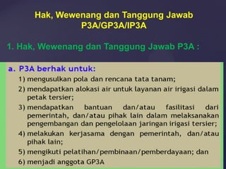 Hak, Wewenang dan Tanggung Jawab
P3A/GP3A/IP3A
1. Hak, Wewenang dan Tanggung Jawab P3A :
 