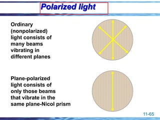 11-65
Polarized light
Ordinary
(nonpolarized)
light consists of
many beams
vibrating in
different planes
Plane-polarized
light consists of
only those beams
that vibrate in the
same plane-Nicol prism
 