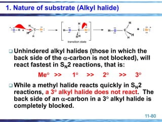 11-80
1. Nature of substrate (Alkyl halide)
❑ Unhindered alkyl halides (those in which the
back side of the -carbon is not blocked), will
react fastest in SN2 reactions, that is:
Me° >> 1° >> 2° >> 3°
❑ While a methyl halide reacts quickly in SN2
reactions, a 3° alkyl halide does not react. The
back side of an -carbon in a 3° alkyl halide is
completely blocked.
O H
..
..
: C Br
..
.. :
H
H
H
+
transition state
C Br
..
.. :
H H
H
O
H
..
..
+
..
.. :
Br
:
C
H
H
H
O
H
..
..
 