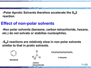 11-89
-Non polar solvents (benzene, carbon tetrachloride, hexane,
etc.) do not solvate or stabilize nucleophiles.
-SN2 reactions are relatively slow in non polar solvents
similar to that in protic solvents.
benzene
C
Cl
Cl
Cl Cl
carbon
tetrachloride
CH3CH2CH2CH2CH2CH3
n-hexane
Effect of non-polar solvents
-Polar Aprotic Solvents therefore accelerate the SN2
reaction
 