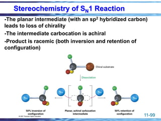11-99
Stereochemistry of SN1 Reaction
-The planar intermediate (with an sp2 hybridized carbon)
leads to loss of chirality
-The intermediate carbocation is achiral
-Product is racemic (both inversion and retention of
configuration)
 