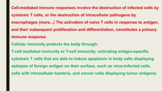 Cell-mediated immune responses involve the destruction of infected cells by
cytotoxic T cells, or the destruction of intracellular pathogens by
macrophages (more...) The activation of naive T cells in response to antigen,
and their subsequent proliferation and differentiation, constitutes a primary
immune response
Cellular immunity protects the body through:
T-cell mediated immunity or T-cell immunity: activating antigen-specific
cytotoxic T cells that are able to induce apoptosis in body cells displaying
epitopes of foreign antigen on their surface, such as virus-infected cells,
cells with intracellular bacteria, and cancer cells displaying tumor antigens;
.
 
