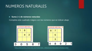 NUMEROS NATURALES
 Suma (+) de números naturales
Completa este cuadrado mágico con los números que se indican abajo
http://descartes.cnice.mec.es/materiales_didacticos/naturales1/3x3acn.htm
 