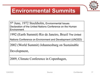 1/24/2023 Source: Confidential 17
Environmental Summits
5th June, 1972 Stockholm, Environmental Issues
Declaration of the United Nations Conference on the Human
Environment
1992 (Earth Summit) Rio de Janeiro, Brazil The United
Nations Conference on Environment and Development (UNCED)
2002 (World Summit) Johannesburg on Sustainable
Development,
2009, Climate Conference in Copenhagen,
 