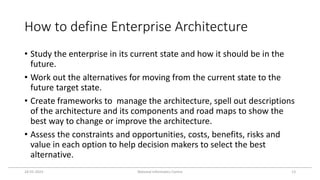How to define Enterprise Architecture
• Study the enterprise in its current state and how it should be in the
future.
• Work out the alternatives for moving from the current state to the
future target state.
• Create frameworks to manage the architecture, spell out descriptions
of the architecture and its components and road maps to show the
best way to change or improve the architecture.
• Assess the constraints and opportunities, costs, benefits, risks and
value in each option to help decision makers to select the best
alternative.
24-01-2023 National Informatics Centre 13
 