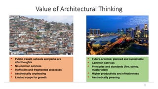 15
• Public transit, schools and parks are
afterthoughts
• No common services
• Inefficient and fragmented processes
• Aesthetically unpleasing
• Limited scope for growth
• Future-oriented, planned and sustainable
• Common services
• Principles and standards (fire, safety,
master plan)
• Higher productivity and effectiveness
• Aesthetically pleasing
Value of Architectural Thinking
 