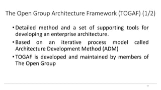The Open Group Architecture Framework (TOGAF) (1/2)
• Detailed method and a set of supporting tools for
developing an enterprise architecture.
• Based on an iterative process model called
Architecture Development Method (ADM)
• TOGAF is developed and maintained by members of
The Open Group
29
 