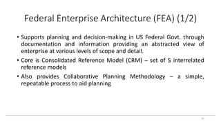 Federal Enterprise Architecture (FEA) (1/2)
• Supports planning and decision-making in US Federal Govt. through
documentation and information providing an abstracted view of
enterprise at various levels of scope and detail.
• Core is Consolidated Reference Model (CRM) – set of 5 interrelated
reference models
• Also provides Collaborative Planning Methodology – a simple,
repeatable process to aid planning
31
 