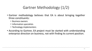 Gartner Methodology (1/2)
• Gartner methodology believes that EA is about bringing together
three constituents:
• Business owners
• Information specialists
• Technology implementers
• According to Gartner, EA project must be started with understanding
enterprise direction on business, not with finding its current position.
33
 