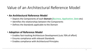 Value of an Architectural Reference Model
• An Architectural Reference Model
• Depicts the Components of each Domain (Business, Application, Data etc)
• Identifies the relationships between the Components
• Defines the Standards applicable to the Domain
• Adoption of Reference Model
• Enables fast-tracking Architecture Development (cuts 70% of effort)
• Ensures compliance with relevant Standards
• Enables compliance with Architectural Principles
51
 