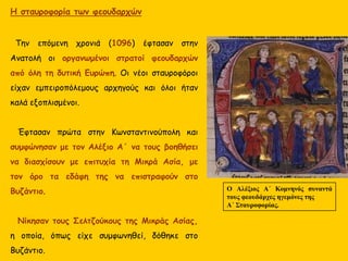 Η σταυροφορία των φεουδαρχών
Την επόμενη χρονιά (1096) έφτασαν στην
Ανατολή οι οργανωμένοι στρατοί φεουδαρχών
από όλη τη δυτική Ευρώπη. Οι νέοι σταυροφόροι
είχαν εμπειροπόλεμους αρχηγούς και όλοι ήταν
καλά εξοπλισμένοι.
Έφτασαν πρώτα στην Κωνσταντινούπολη και
συμφώνησαν με τον Αλέξιο Α΄ να τους βοηθήσει
να διασχίσουν με επιτυχία τη Μικρά Ασία, με
τον όρο τα εδάφη της να επιστραφούν στο
Βυζάντιο.
Νίκησαν τους Σελτζούκους της Μικράς Ασίας,
η οποία, όπως είχε συμφωνηθεί, δόθηκε στο
Βυζάντιο.
O Αλέξιος Α΄ Κομνηνός συναντά
τους φεουδάρχες ηγεμόνες της
Α΄ Σταυροφορίας.
 