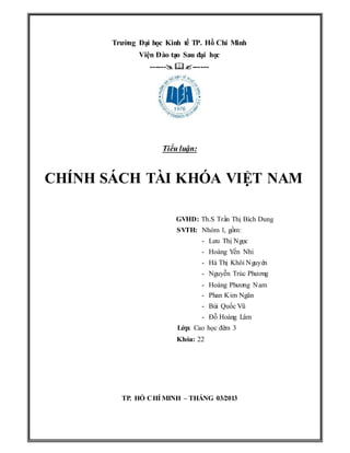 Trường Đại học Kinh tế TP. Hồ Chí Minh
Viện Đào tạo Sau đại học
------------
Tiểu luận:
CHÍNH SÁCH TÀI KHÓA VIỆT NAM
GV...