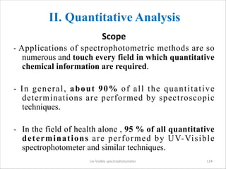 II. Quantitative Analysis
Scope
- Applications of spectrophotometric methods are so
numerous and touch every field in whic...
