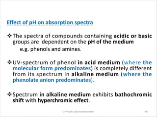 Effect of pH on absorption spectra
vThe spectra of compounds containing acidic or basic
groups are dependent on the pH of ...