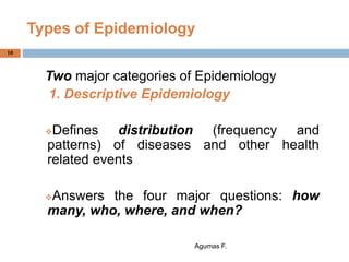 Types of Epidemiology
Two major categories of Epidemiology
1. Descriptive Epidemiology
Defines distribution (frequency an...