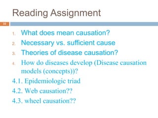 Reading Assignment
1. What does mean causation?
2. Necessary vs. sufficient cause
3. Theories of disease causation?
4. How...