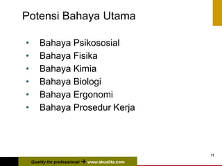 Quality for professional  www.akualita.com
11
Potensi Bahaya Utama
• Bahaya Psikososial
• Bahaya Fisika
• Bahaya Kimia
• Bahaya Biologi
• Bahaya Ergonomi
• Bahaya Prosedur Kerja
 