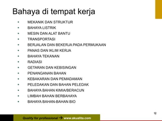 Quality for professional  www.akualita.com
12
Bahaya di tempat kerja
 MEKANIK DAN STRUKTUR
 BAHAYA LISTRIK
 MESIN DAN ALAT BANTU
 TRANSPORTASI
 BERJALAN DAN BEKERJA PADA PERMUKAAN
 PANAS DAN IKLIM KERJA
 BAHAYA TEKANAN
 RADIASI
 GETARAN DAN KEBISINGAN
 PENANGANAN BAHAN
 KEBAKARAN DAN PEMADAMAN
 PELEDAKAN DAN BAHAN PELEDAK
 BAHAYA BAHAN KIMIA/BERACUN
 LIMBAH BAHAN BERBAHAYA
 BAHAYA BAHAN-BAHAN BIO
 