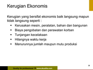 Quality for professional  www.akualita.com
20
Kerugian Ekonomis
Kerugian yang bersifat ekonomis baik langsung mapun
tidak langsung seperti :
 Kerusakan mesin, peralatan, bahan dan bangunan
 Biaya pengobatan dan perawatan korban
 Tunjangan kecelakaan
 Hilangnya waktu kerja
 Menurunnya jumlah maupun mutu produksi
 