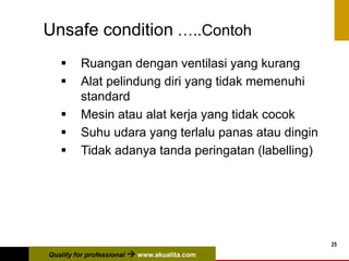 Quality for professional  www.akualita.com
25
Unsafe condition …..Contoh
 Ruangan dengan ventilasi yang kurang
 Alat pelindung diri yang tidak memenuhi
standard
 Mesin atau alat kerja yang tidak cocok
 Suhu udara yang terlalu panas atau dingin
 Tidak adanya tanda peringatan (labelling)
 